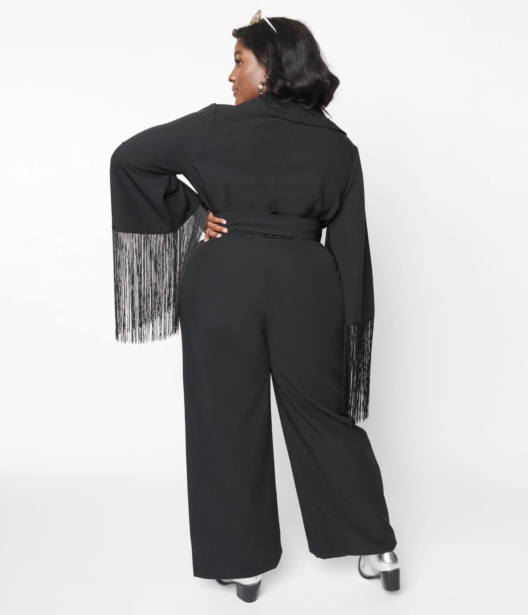 1970s Black Fringe Belted Jumpsuit