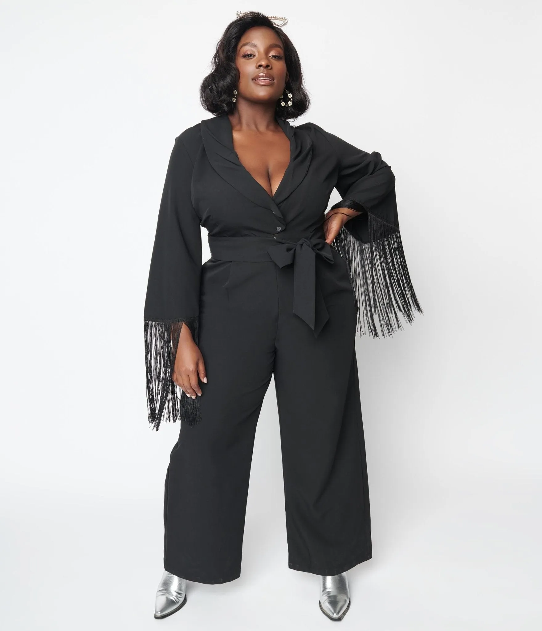 1970s Black Fringe Belted Jumpsuit