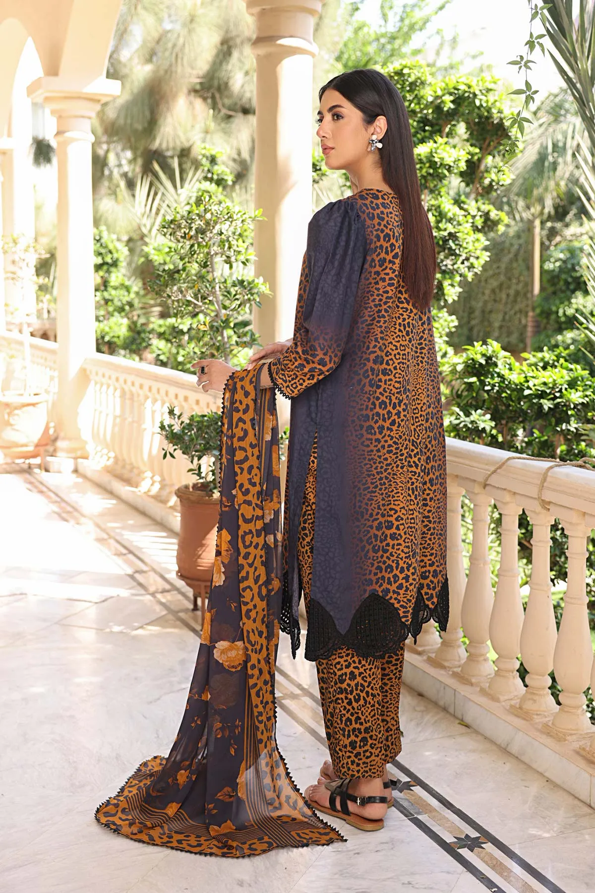 3-Pc Cheeta Printed Embroidered Shirt With Printed Trouser and Bamber Chiffon Dupatta FFP23-23