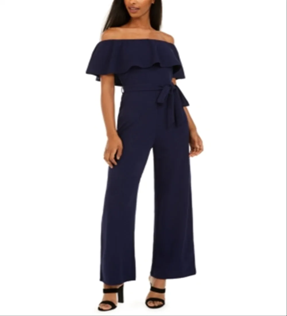 Almost Famous Junior's Off The Shoulder Popover Jumpsuit Blue Size Small