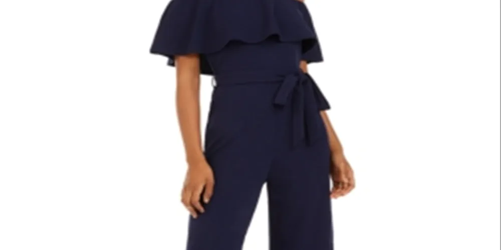 Almost Famous Junior's Off The Shoulder Popover Jumpsuit Blue Size Small