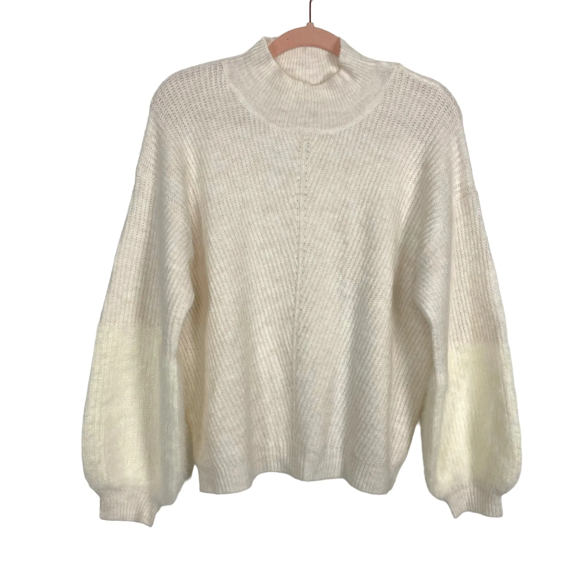 Amaryllis Beige Open Knit with Fuzzy Balloon Sleeves Mock Neck Sweater- Size L