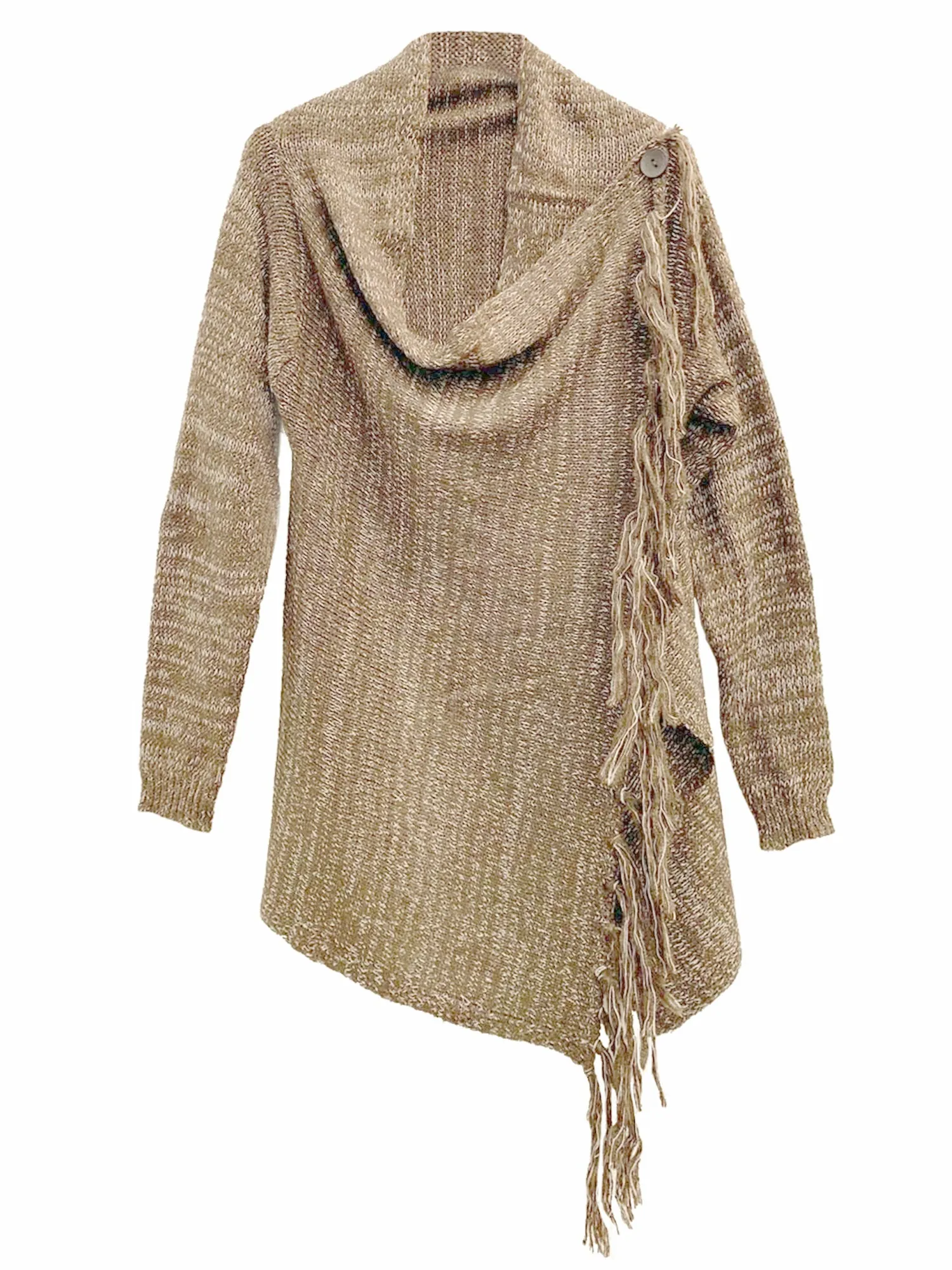 Asymmetrical Draped Knit Sweater With Fringe