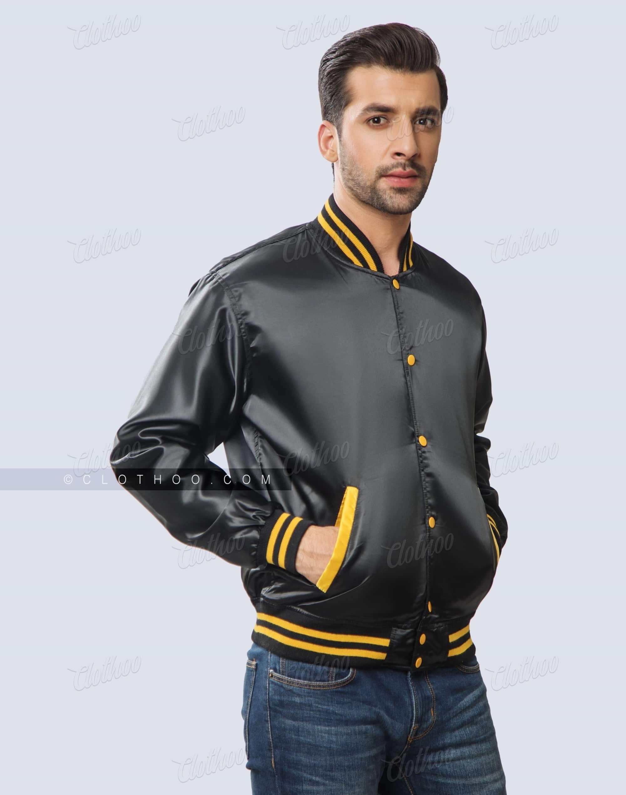 Baseball Style Black and Gold Satin Jacket | Clothoo