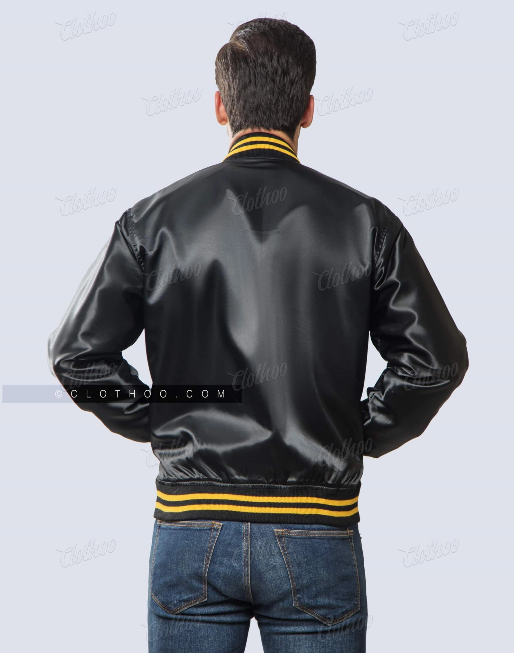 Baseball Style Black and Gold Satin Jacket | Clothoo