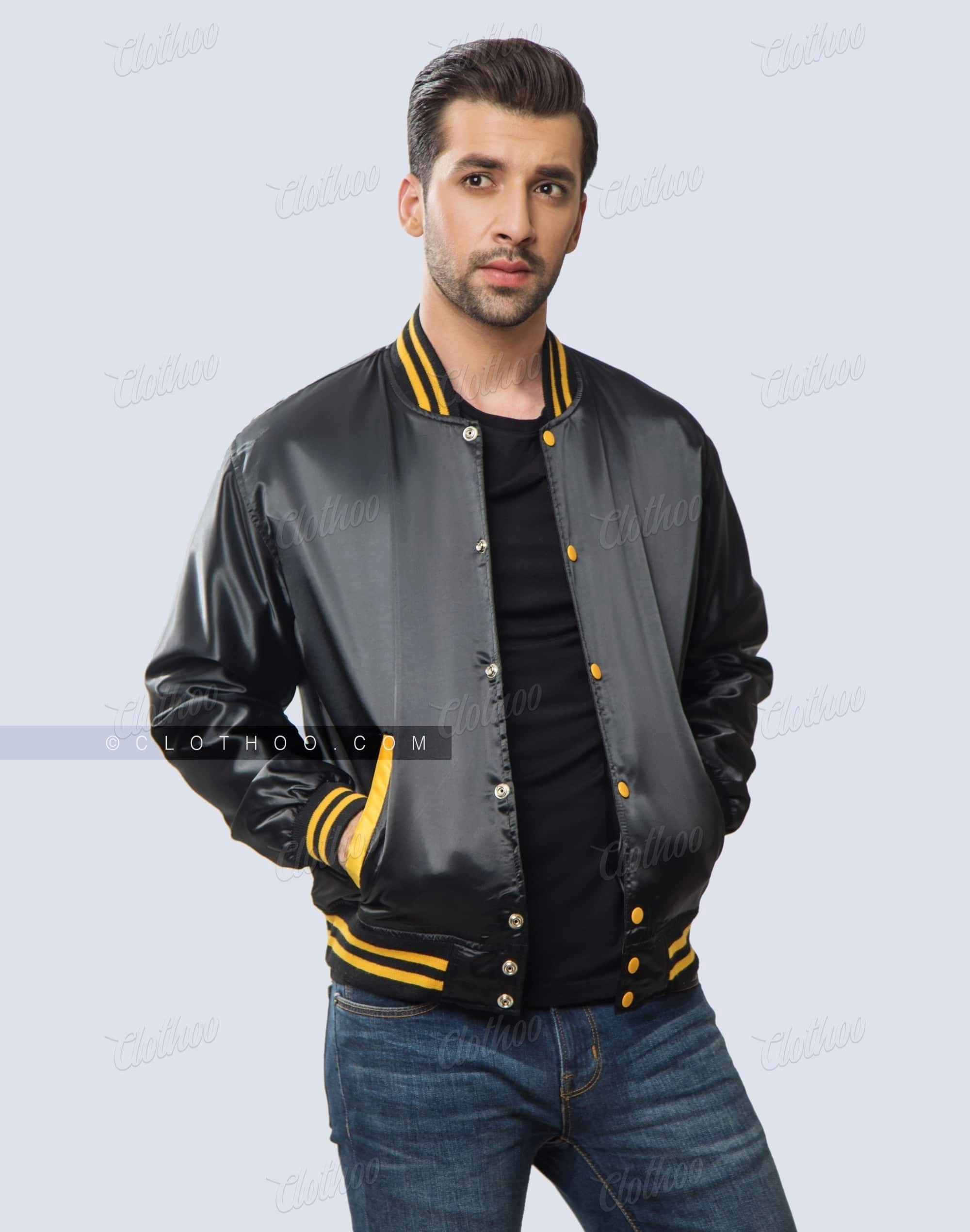 Baseball Style Black and Gold Satin Jacket | Clothoo