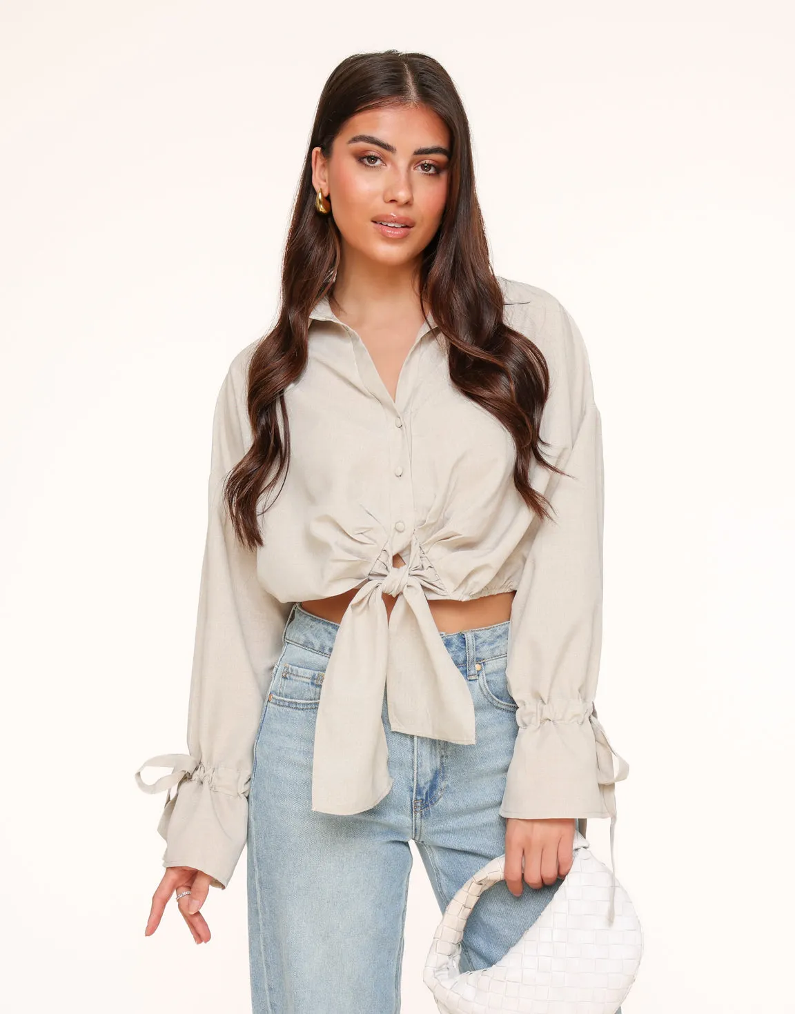 Beige Gestrikte Cropped - Blouse