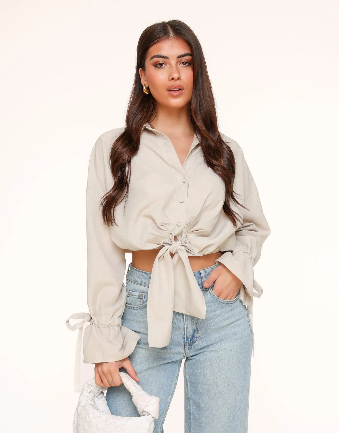 Beige Gestrikte Cropped - Blouse