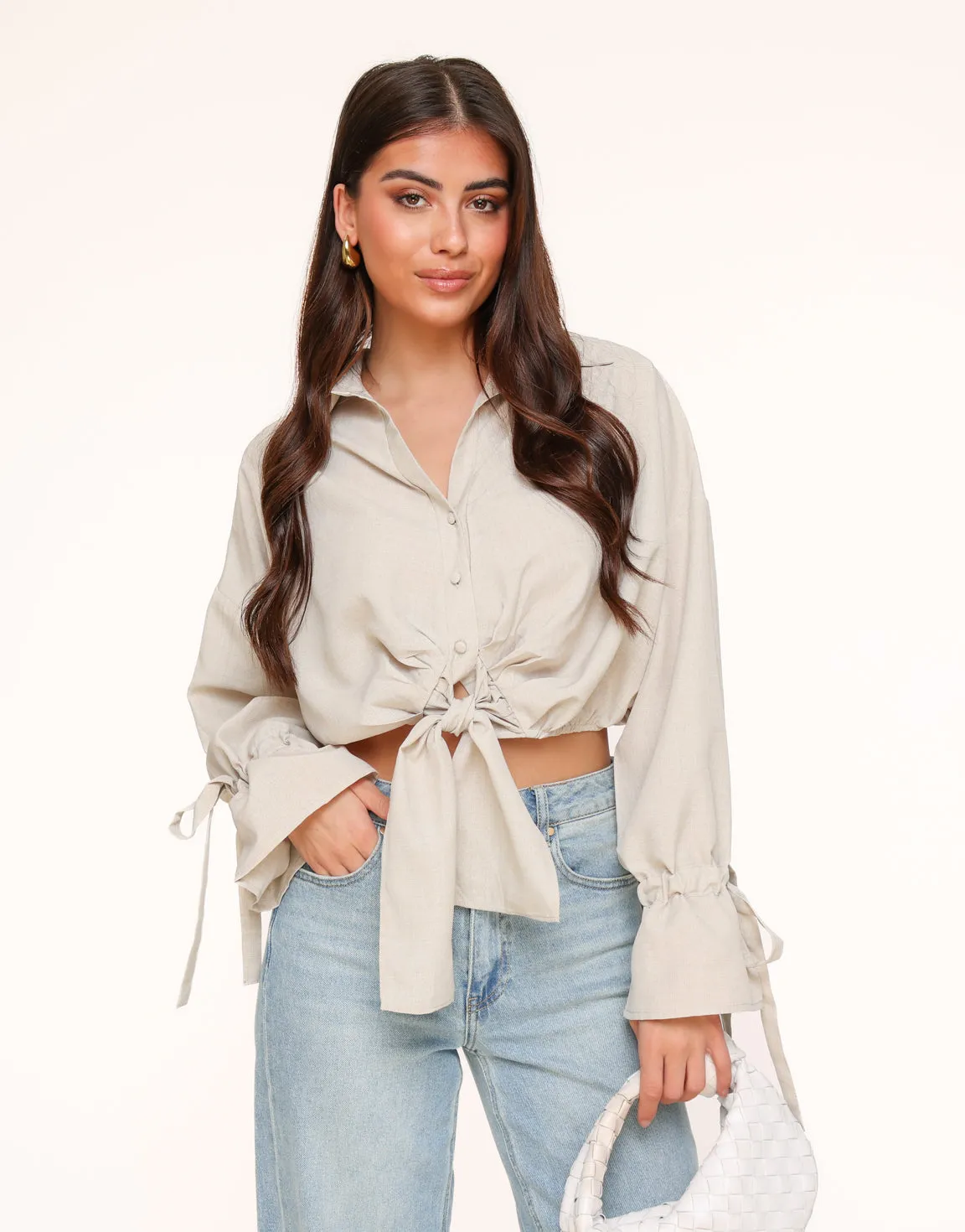 Beige Gestrikte Cropped - Blouse