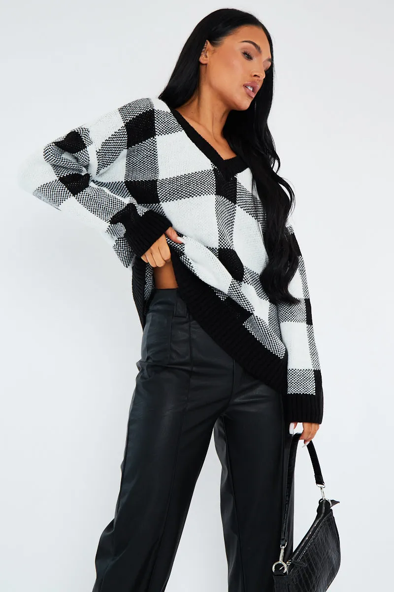 Black Check Deep Neck Sweater - Neta