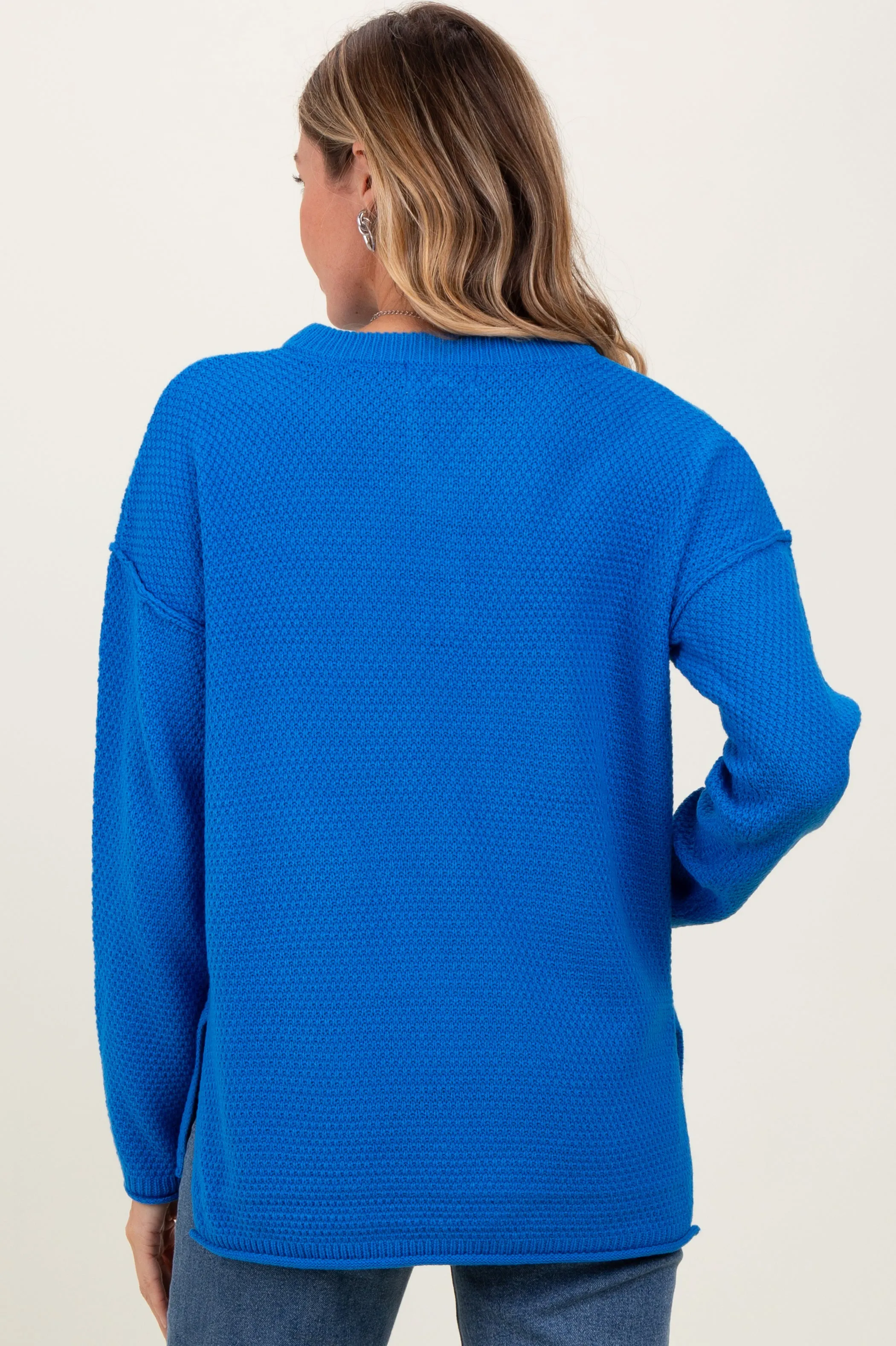 Blue Diamond Knit Button Detail Sweater