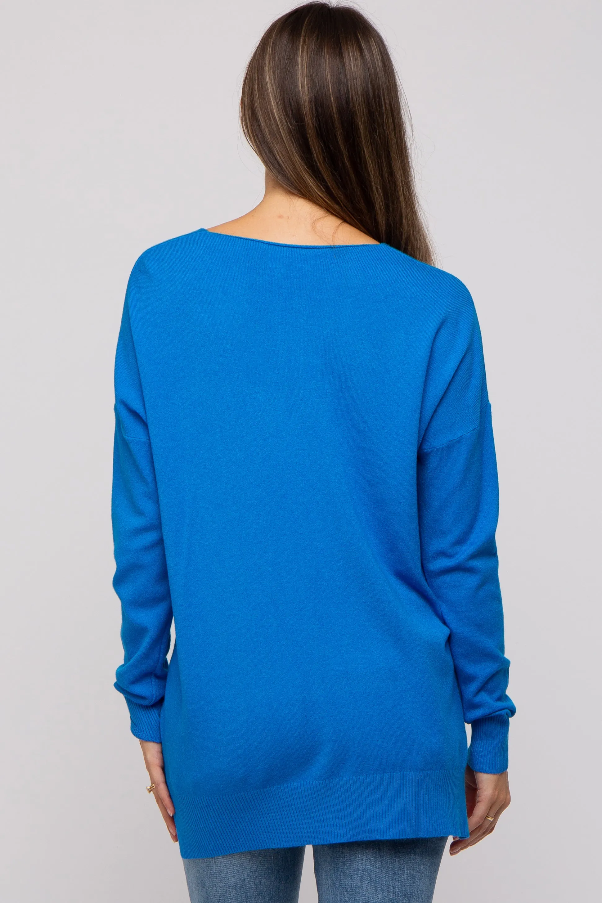 Blue Long Sleeve Side Slit Maternity Sweater