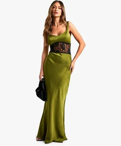 boohoo Womens Satin Lace Column Maxi Dress