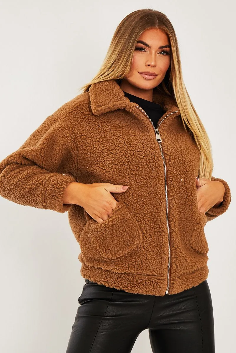 Brown Collar Zip Front Borg Teddy Jacket - Kaleah