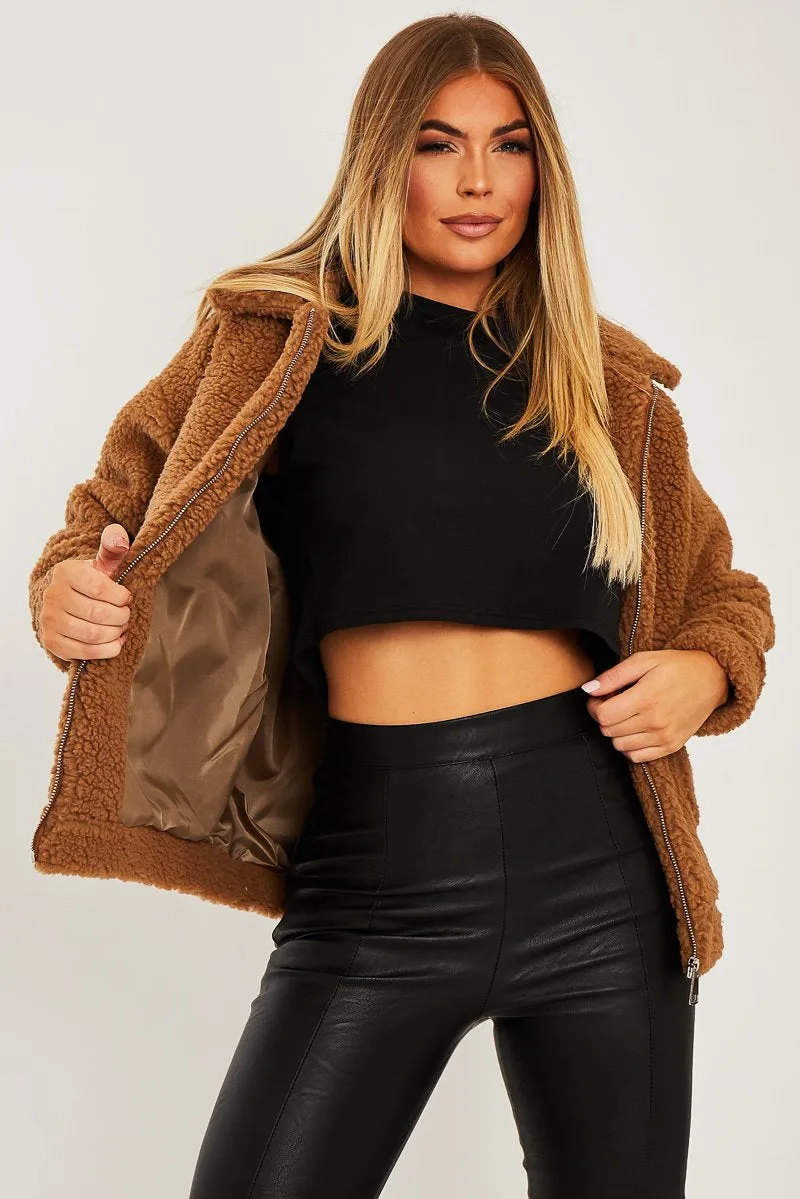 Brown Collar Zip Front Borg Teddy Jacket - Kaleah