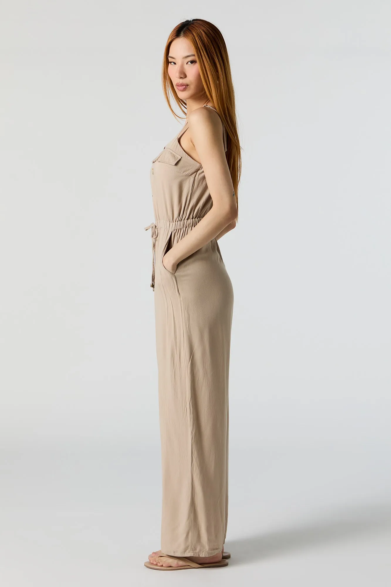 Button Front Sleeveless Jumpsuit