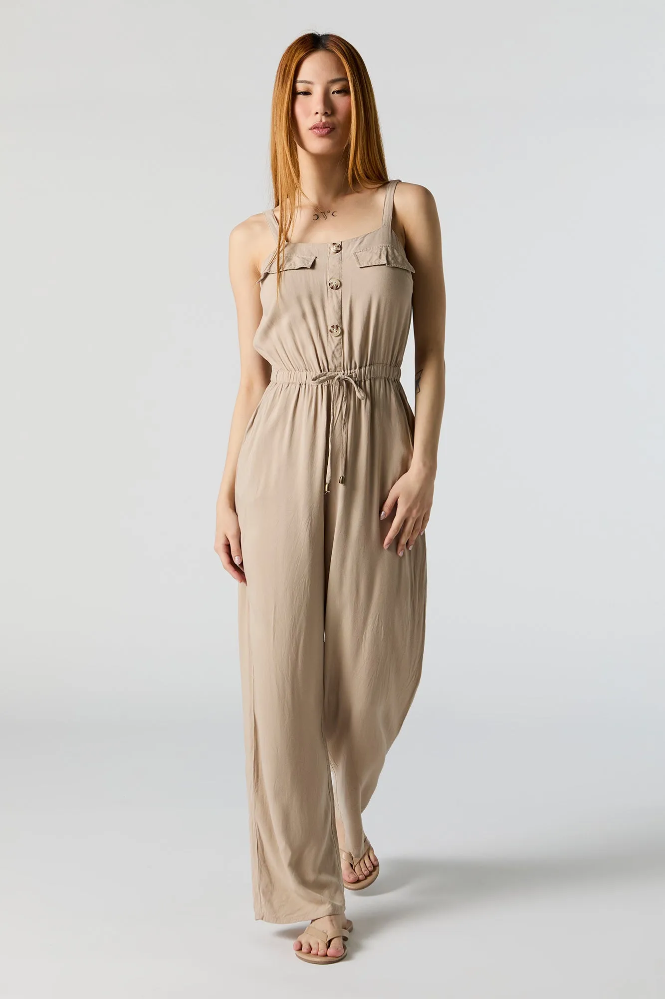 Button Front Sleeveless Jumpsuit