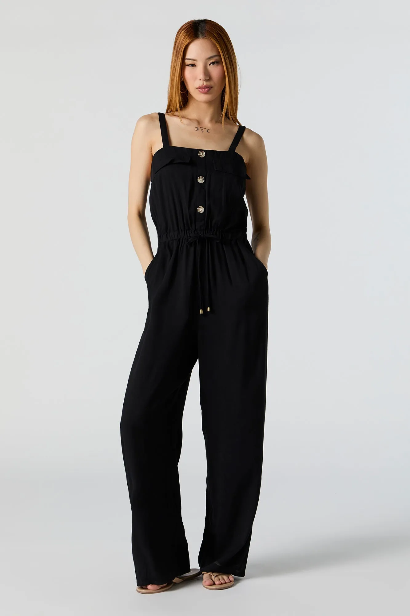 Button Front Sleeveless Jumpsuit