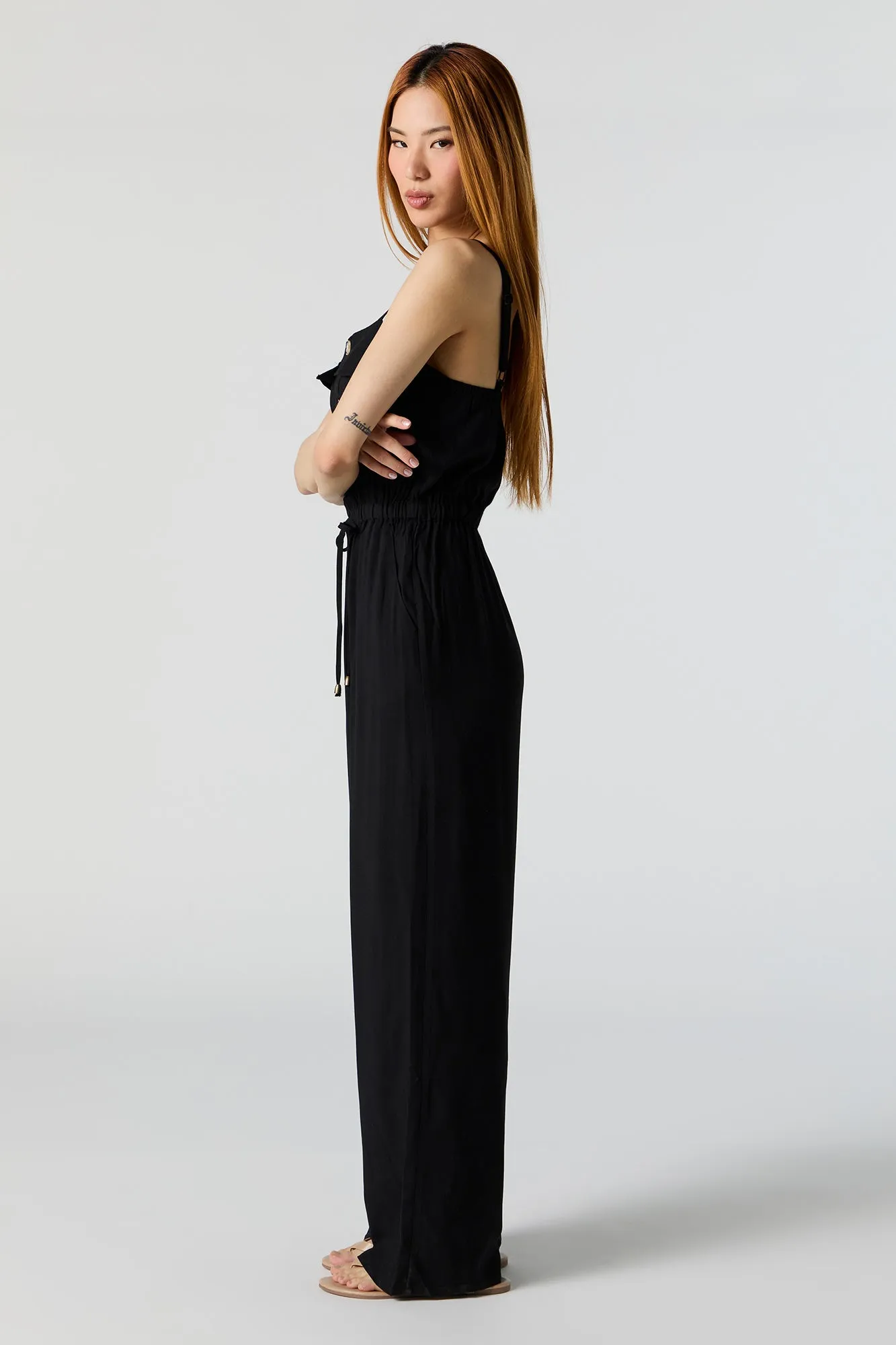 Button Front Sleeveless Jumpsuit