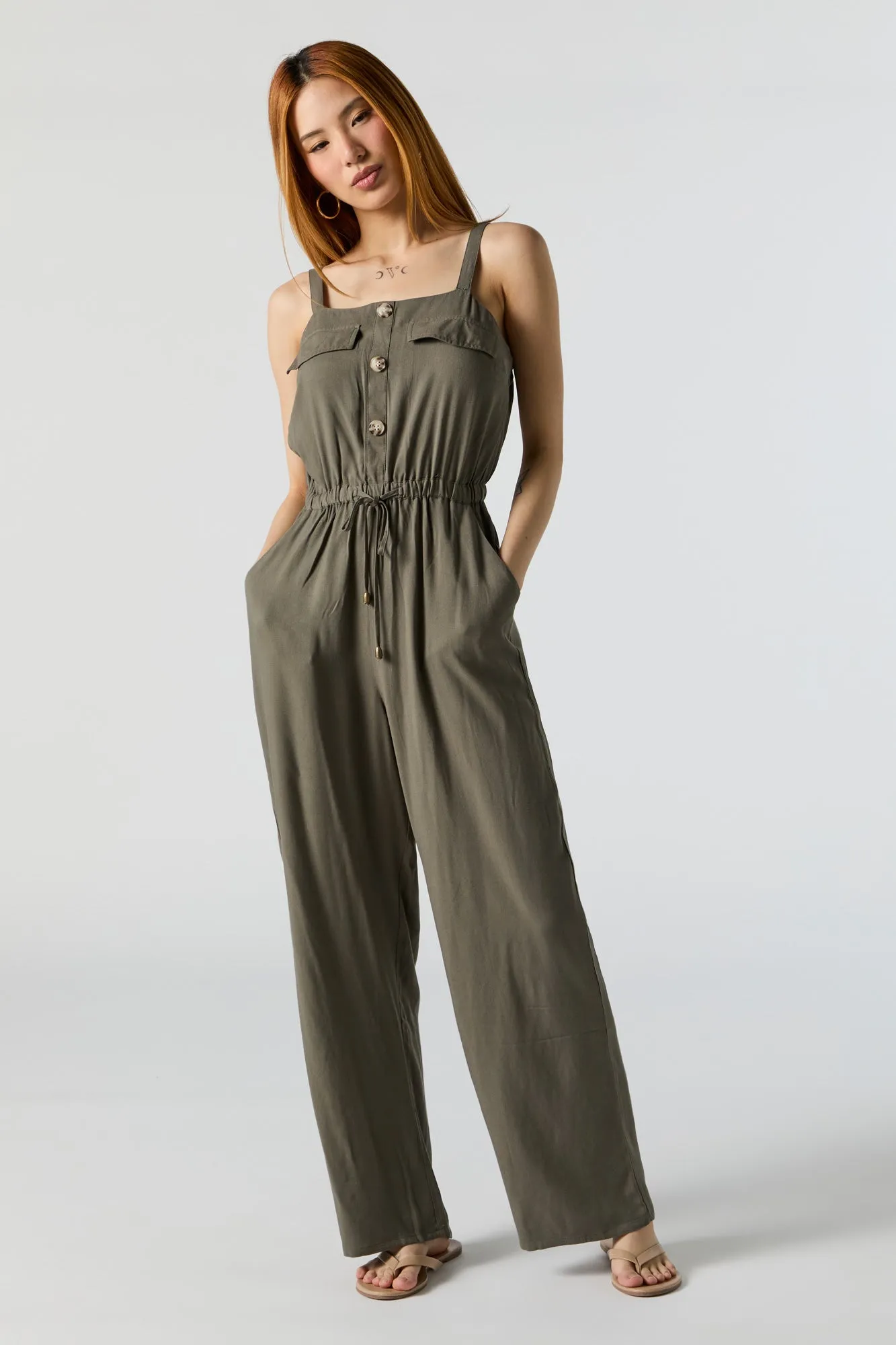 Button Front Sleeveless Jumpsuit