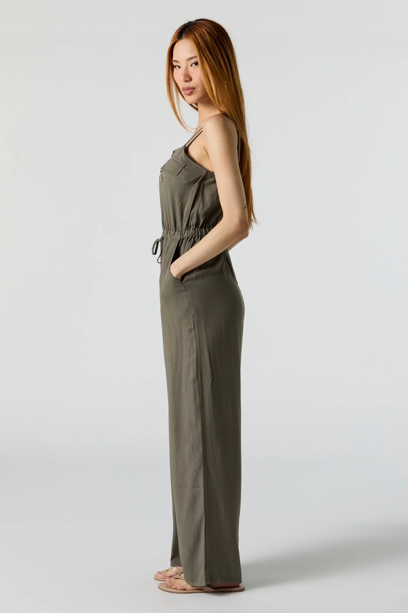 Button Front Sleeveless Jumpsuit