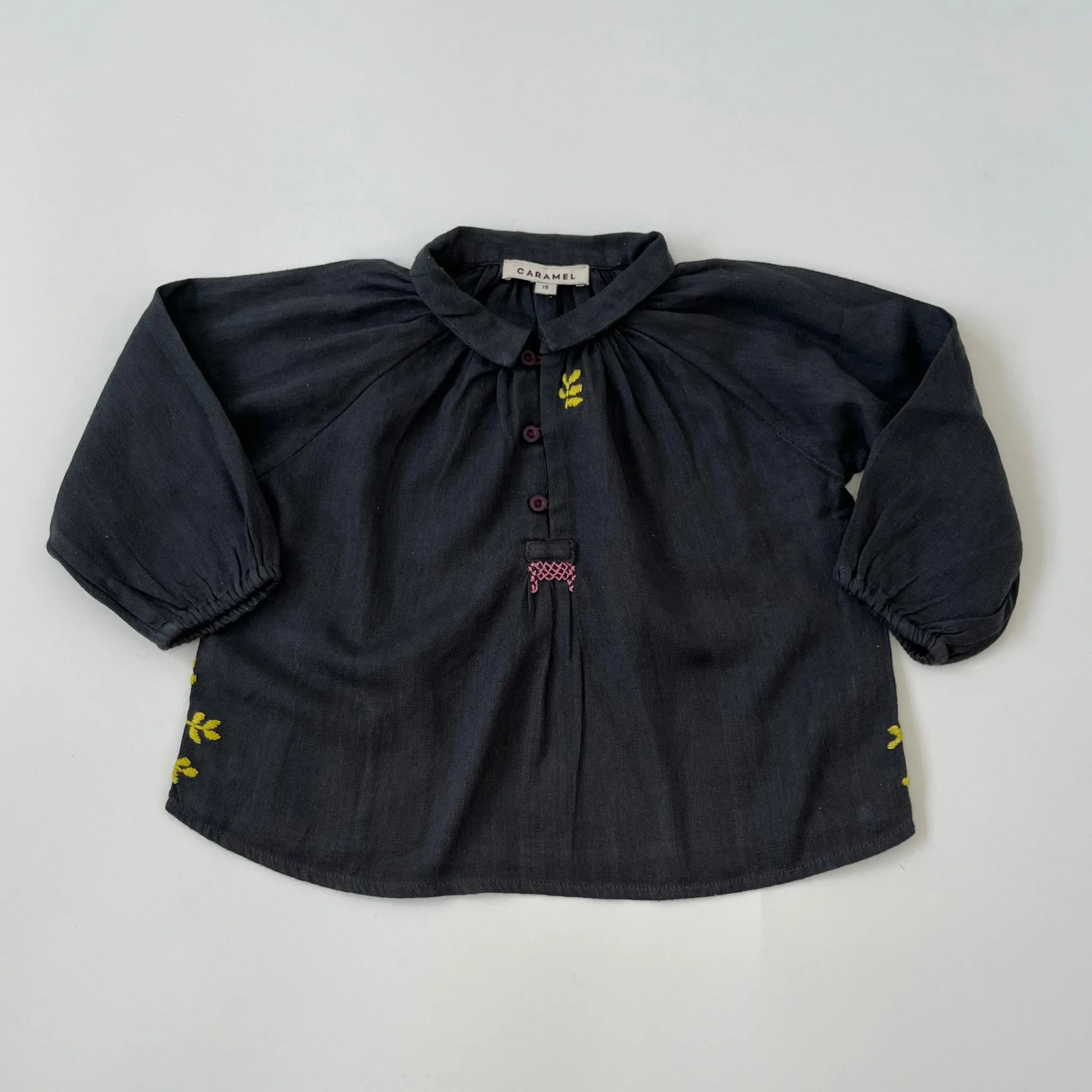 Caramel Dark Grey Brushed Cotton Blouse With Embroidery: 18 Months