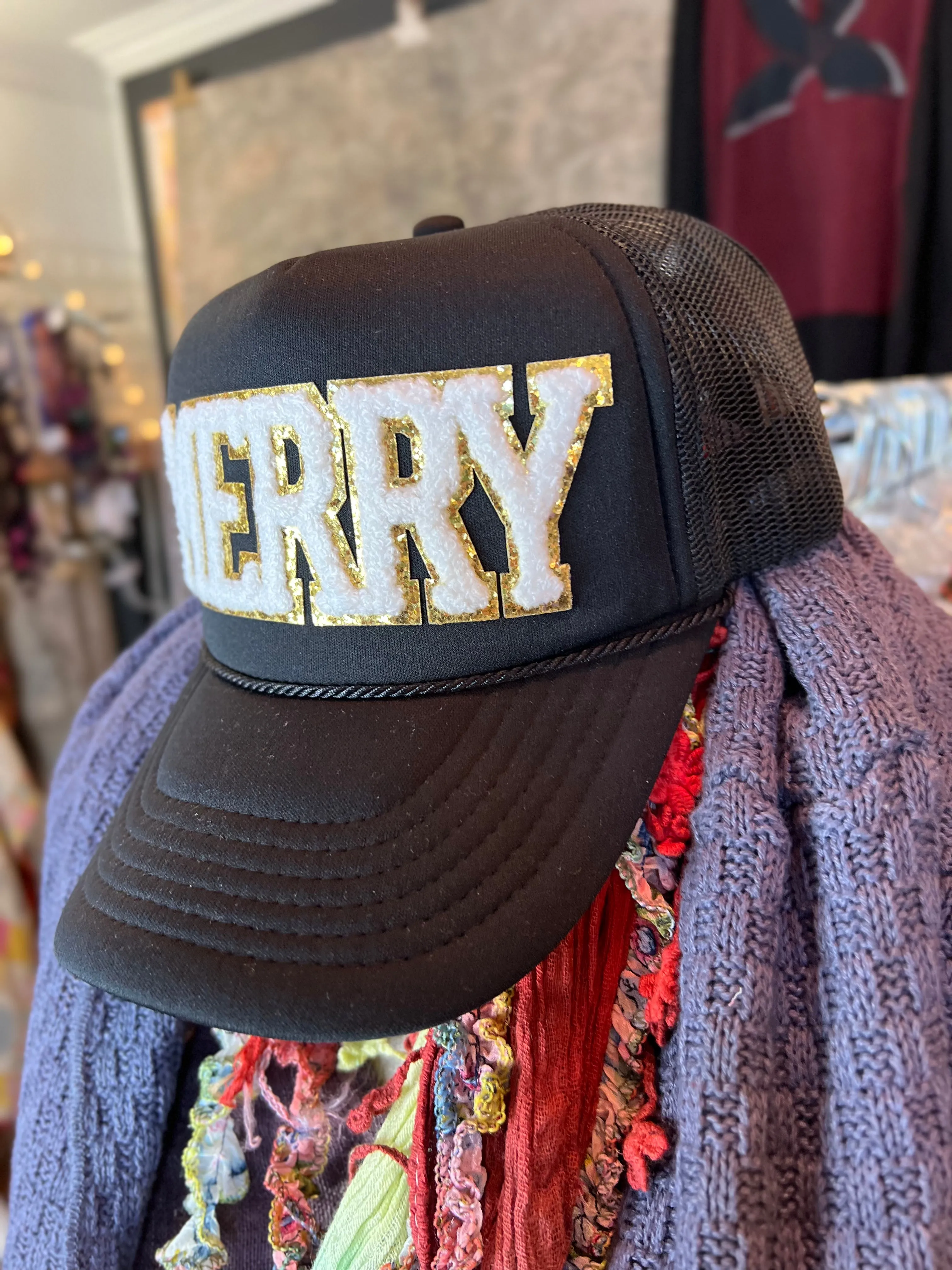 Chenille Merry Trucker Hat-Black