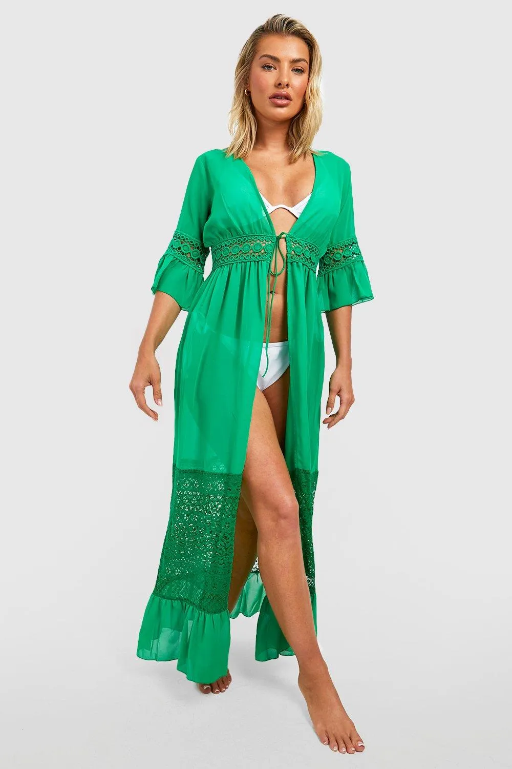 Chiffon Lace Trim Frill Tie Waist Beach Kimono