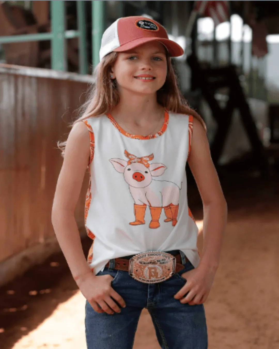 Cinch Cruel Girl Girl's Orange & Cream Pigs in Rain Boots Sleeveless Tee  CTK8790002