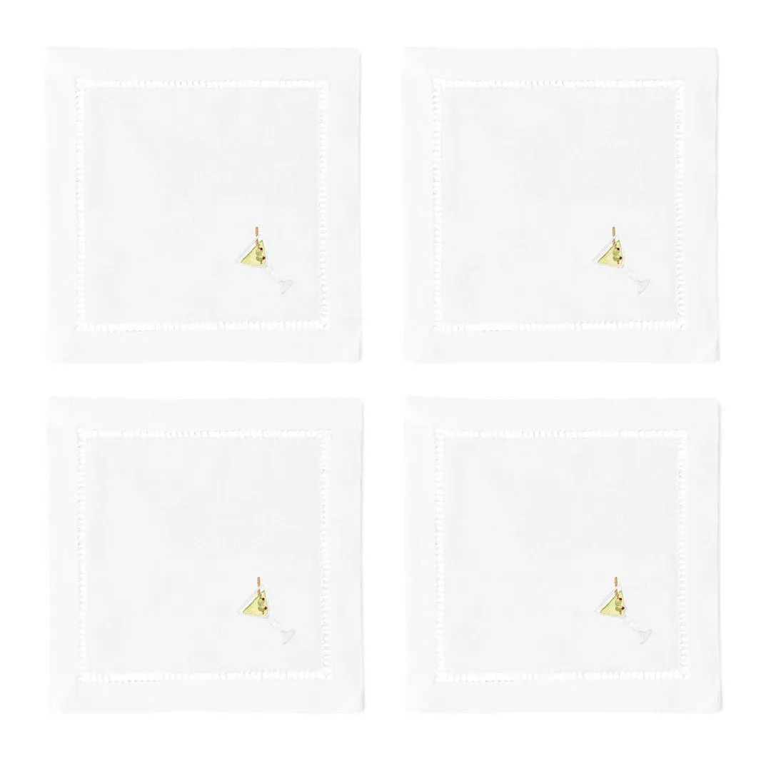 Cocktail Napkins, Embroidered Dirty Martini, Set of Four