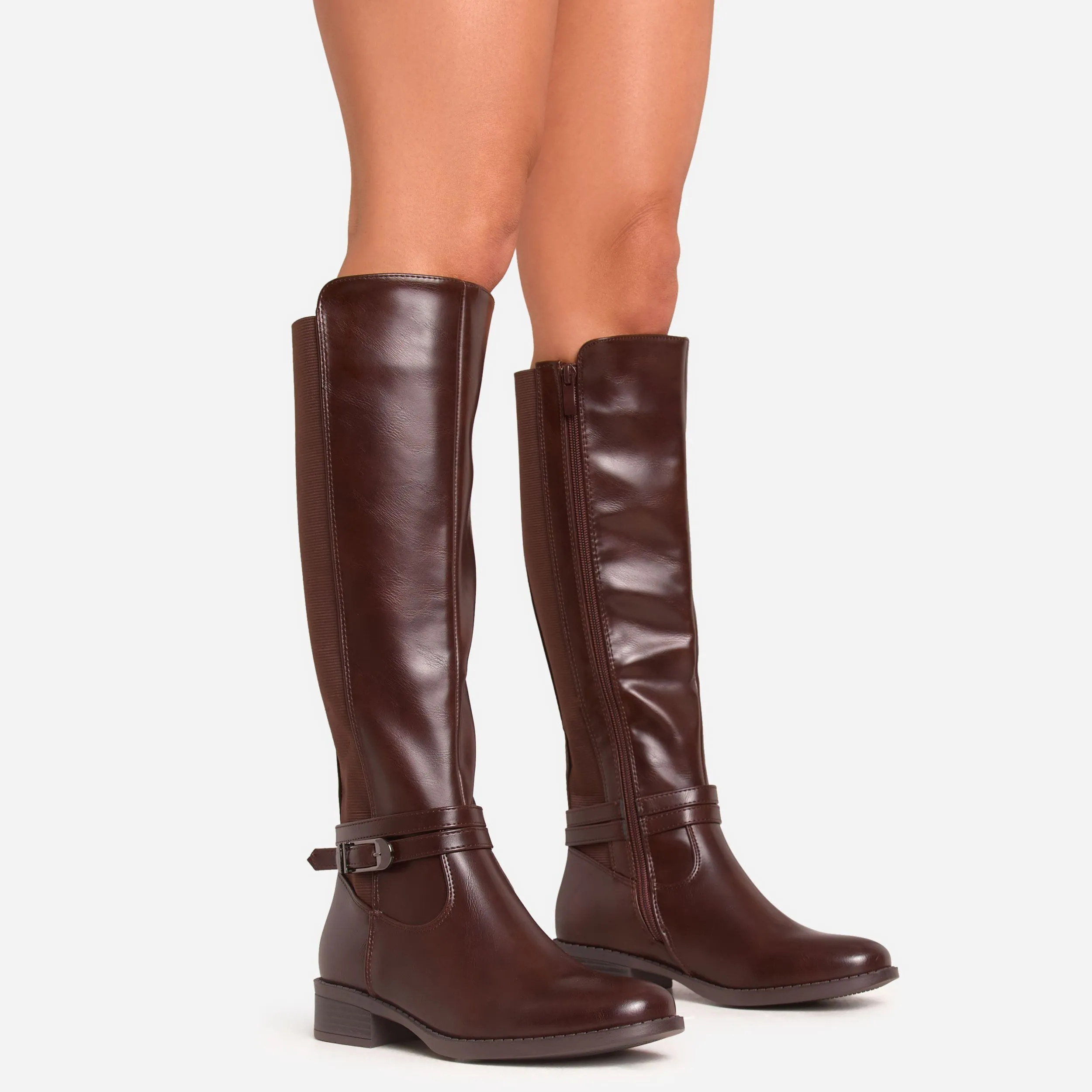 Colbie Buckle Detail Knee High Long Chelsea Boot In Brown Faux Leather