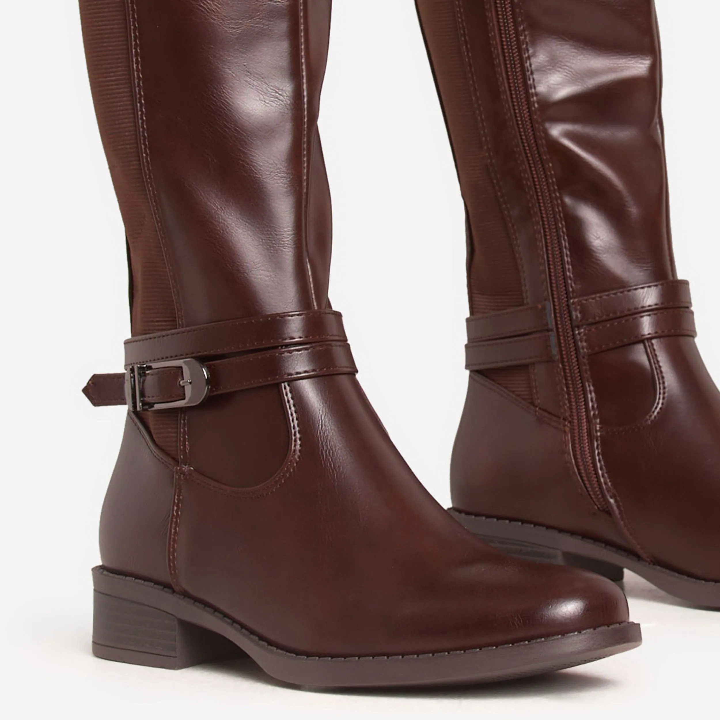 Colbie Buckle Detail Knee High Long Chelsea Boot In Brown Faux Leather