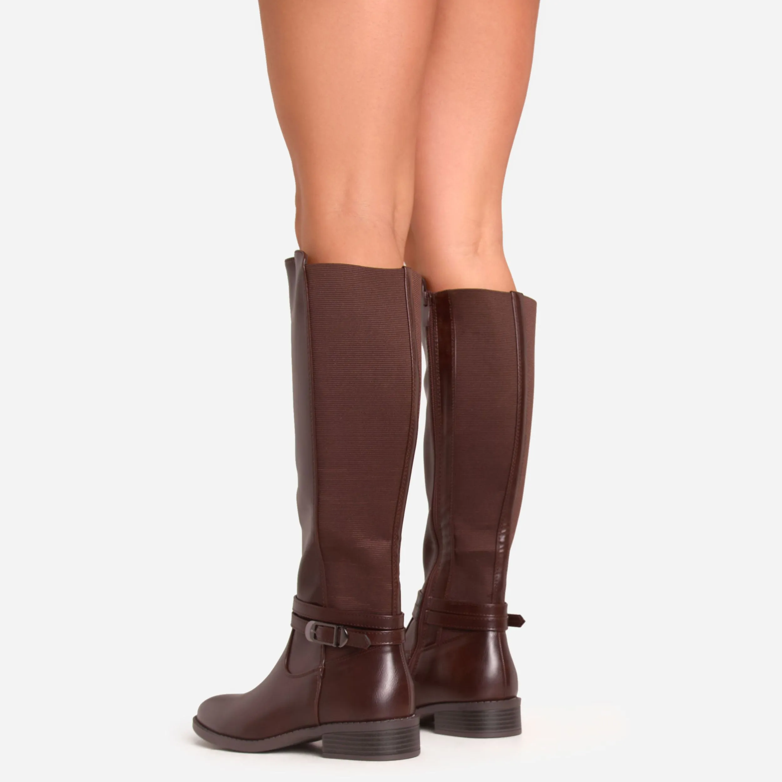 Colbie Buckle Detail Knee High Long Chelsea Boot In Brown Faux Leather