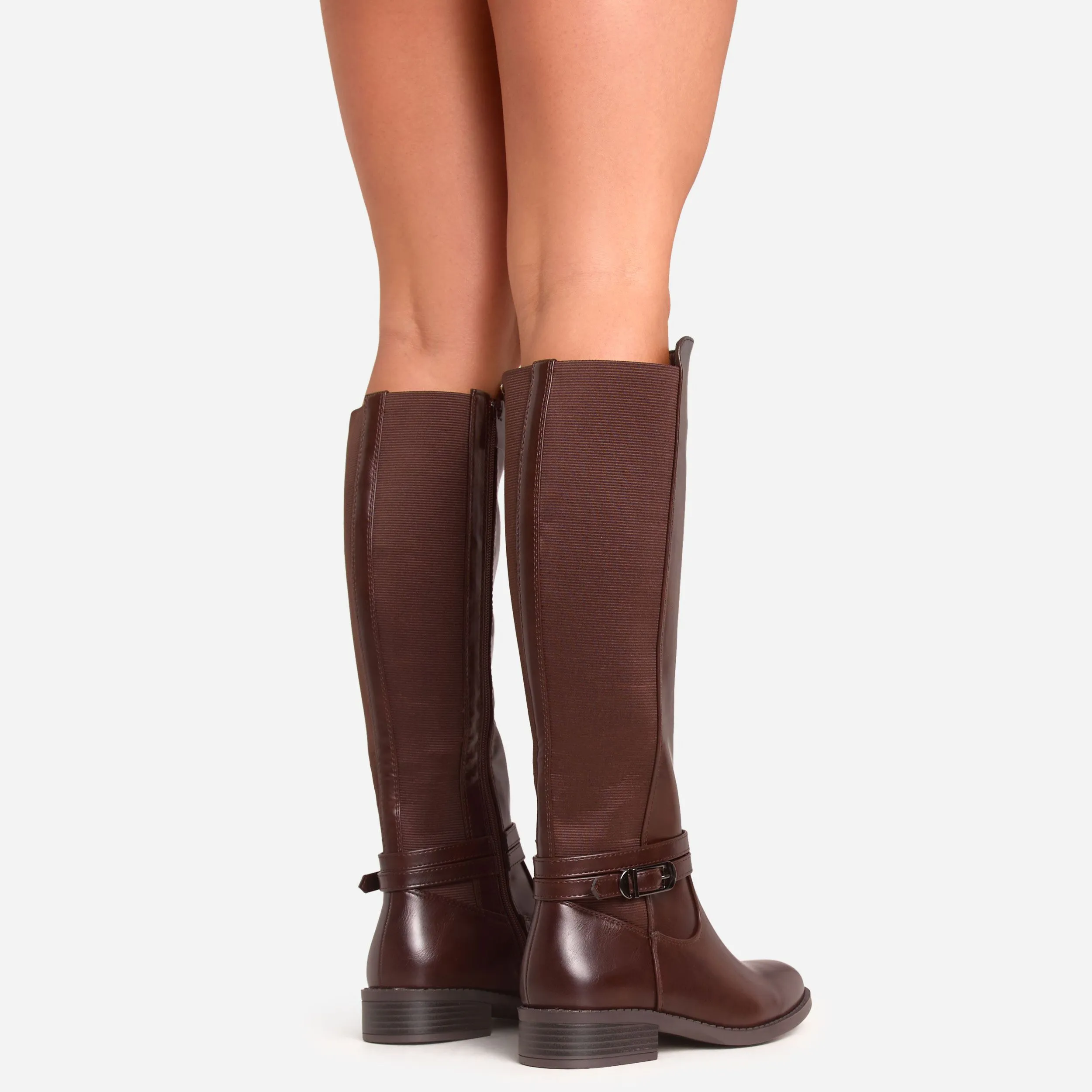 Colbie Buckle Detail Knee High Long Chelsea Boot In Brown Faux Leather