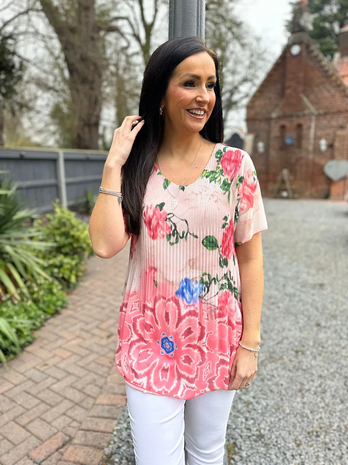 Coral Pleated Colour Blend Floral Blouse Bethany