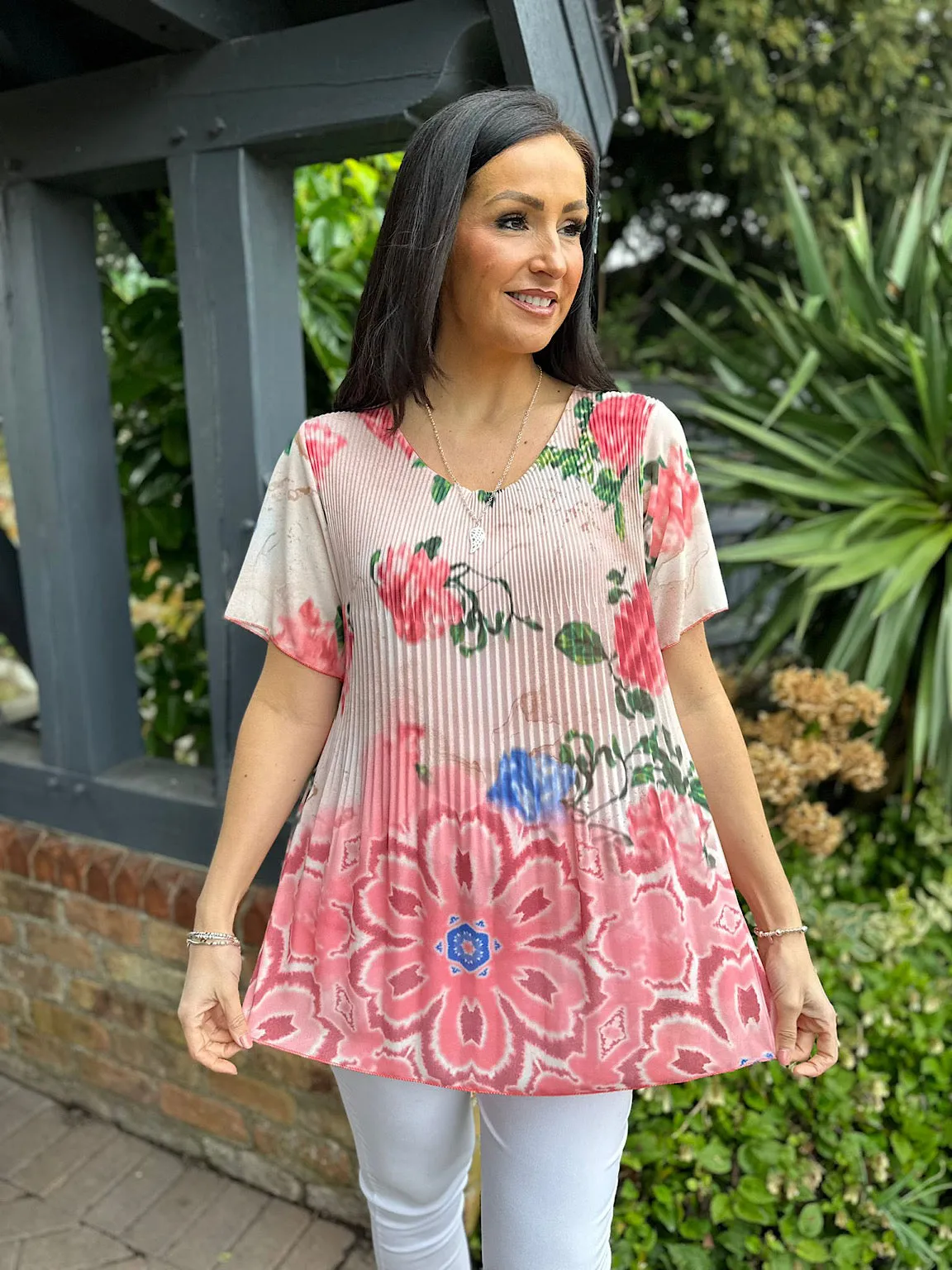 Coral Pleated Colour Blend Floral Blouse Bethany