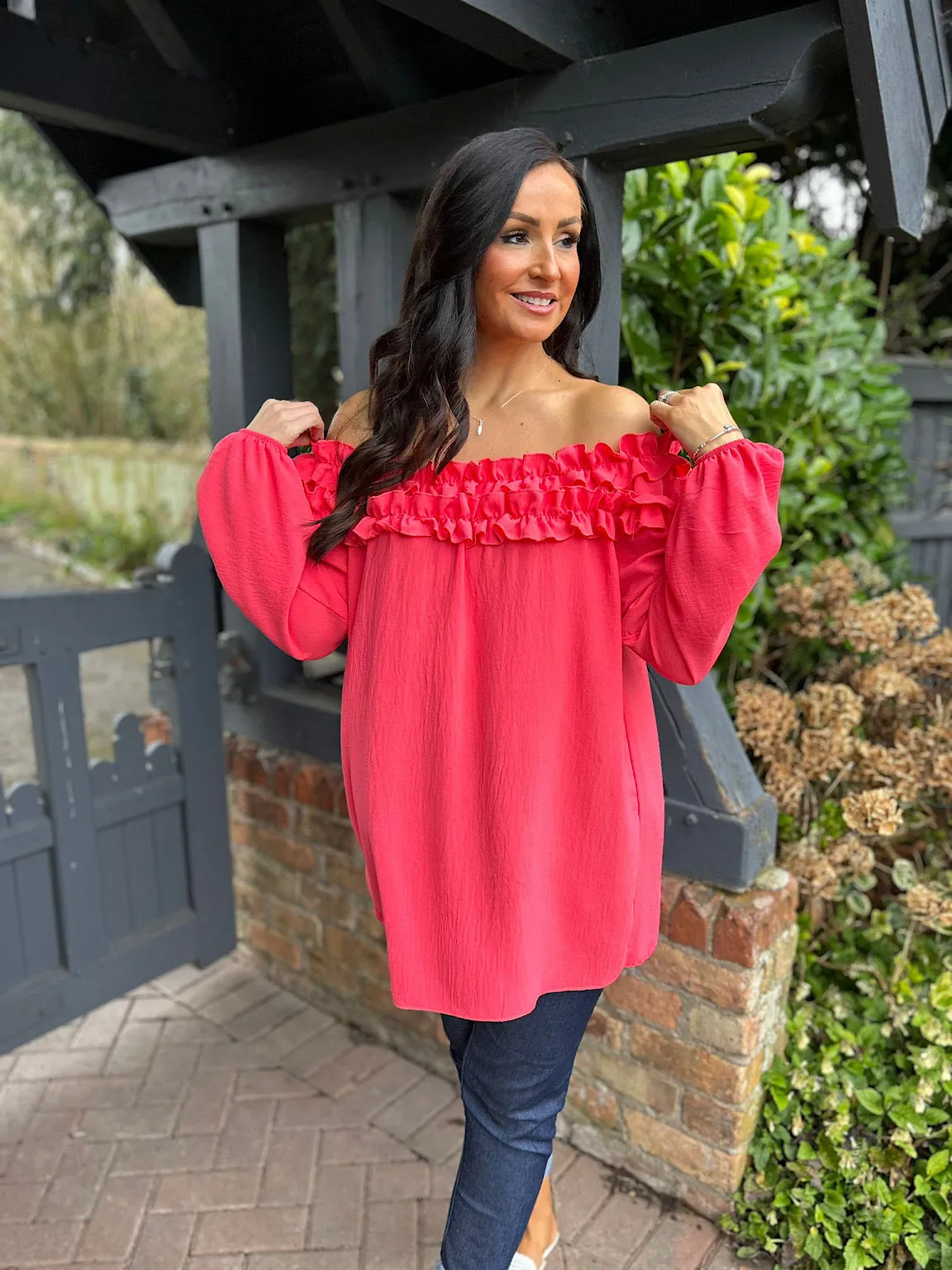 Coral Ruffle Bardot Top Heidi