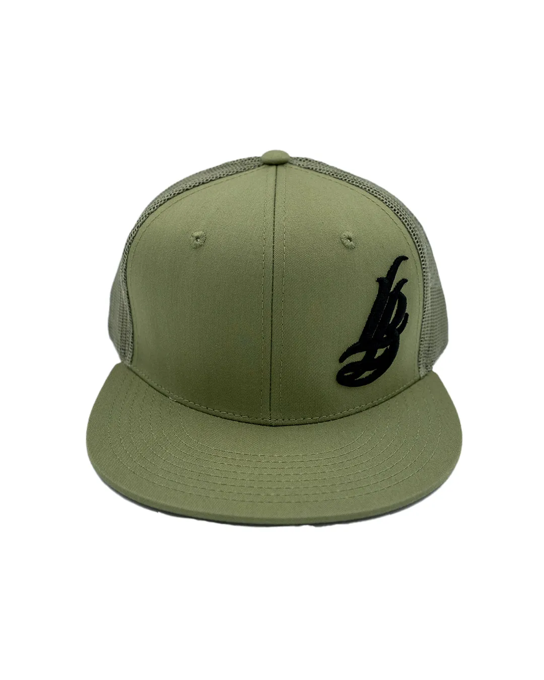 Cursive LB Black on Sage Trucker Hat