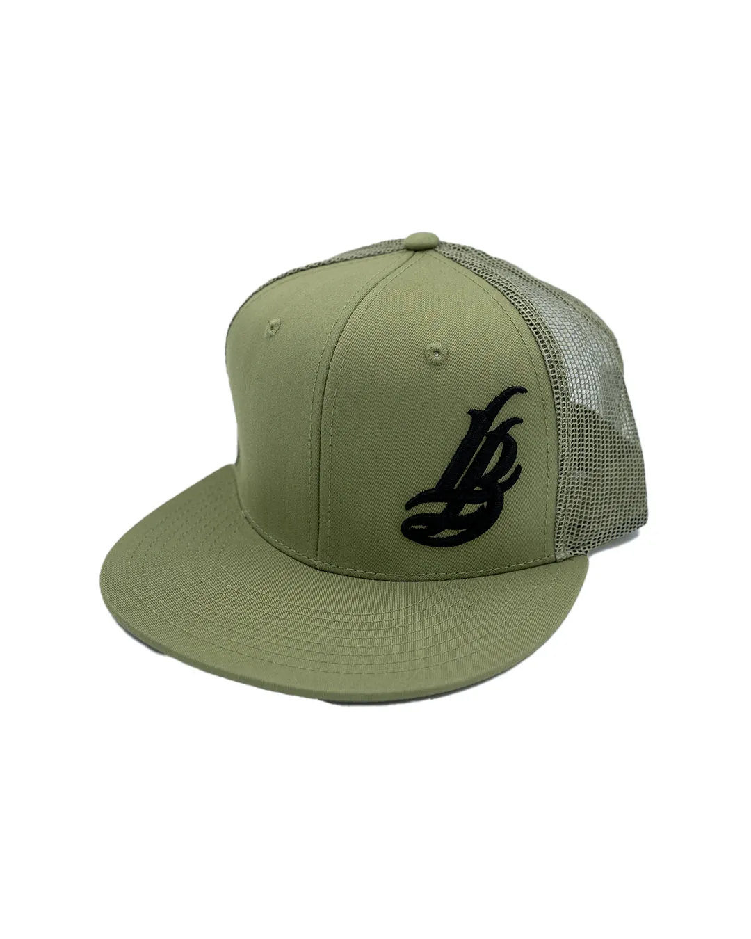 Cursive LB Black on Sage Trucker Hat