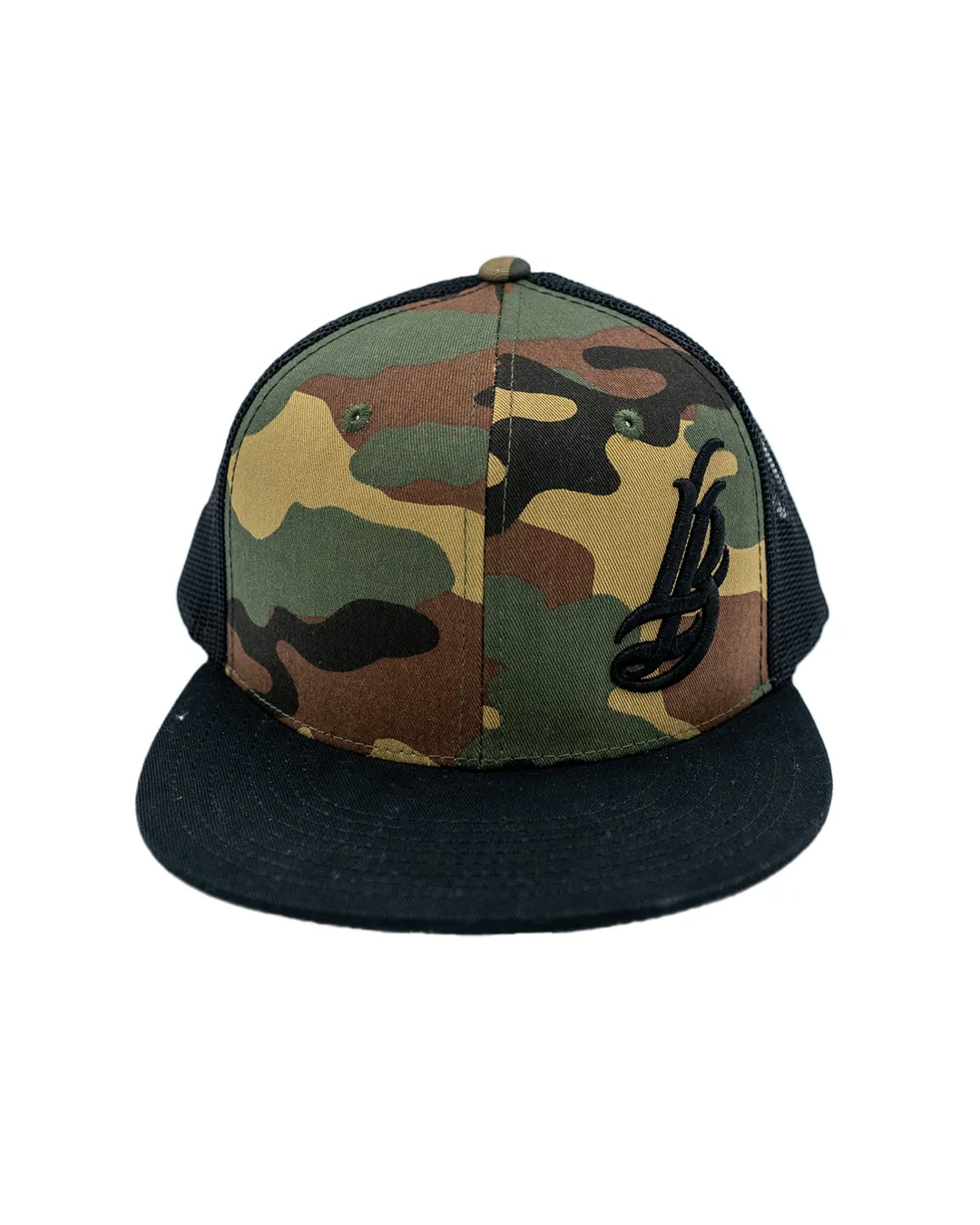 Cursive LB Camo/Black Trucker Hat