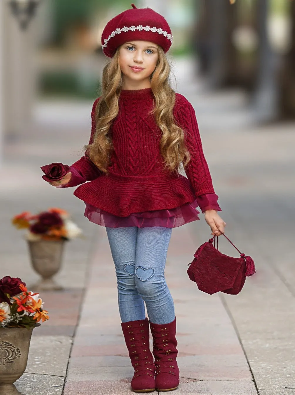 Cute As Pie Cranberry Cable Knit Tutu Sweater