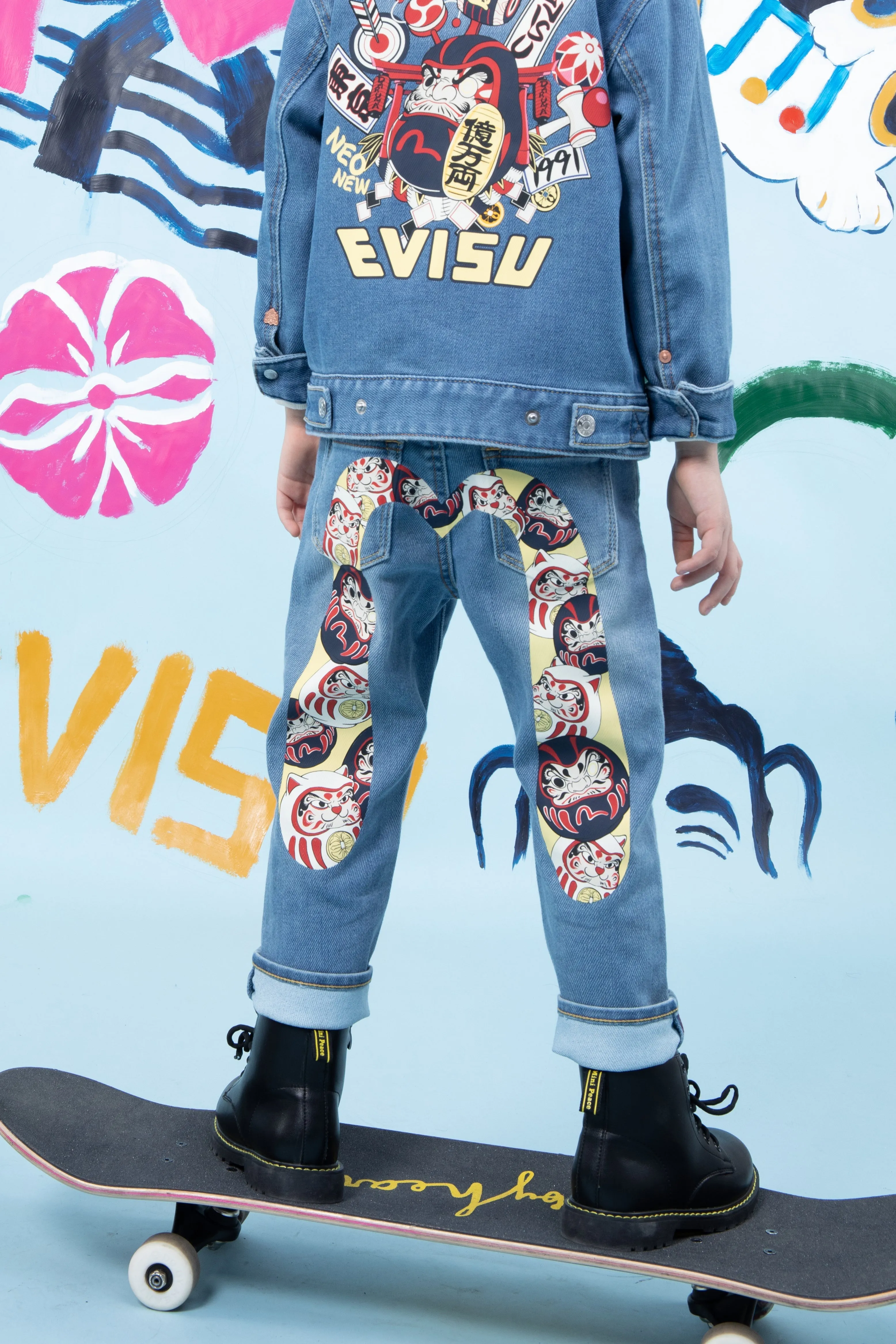 Daruma Buddies Daicock Print Denim Jeans