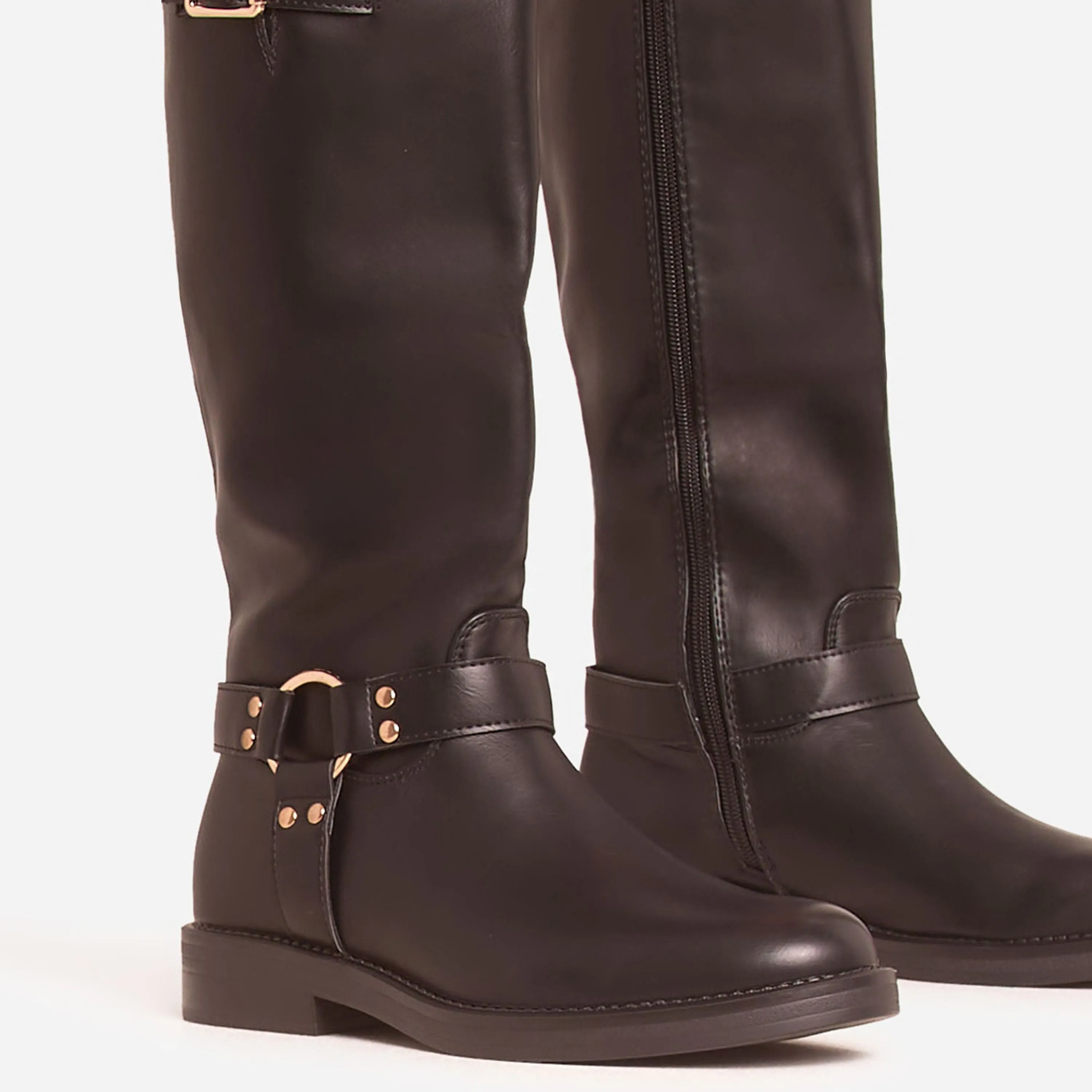 Destin Double Buckle Detail Knee High Long Biker Boot In Black Faux Leather