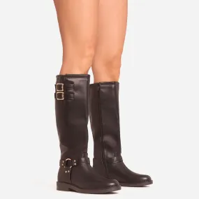 Destin Double Buckle Detail Knee High Long Biker Boot In Black Faux Leather