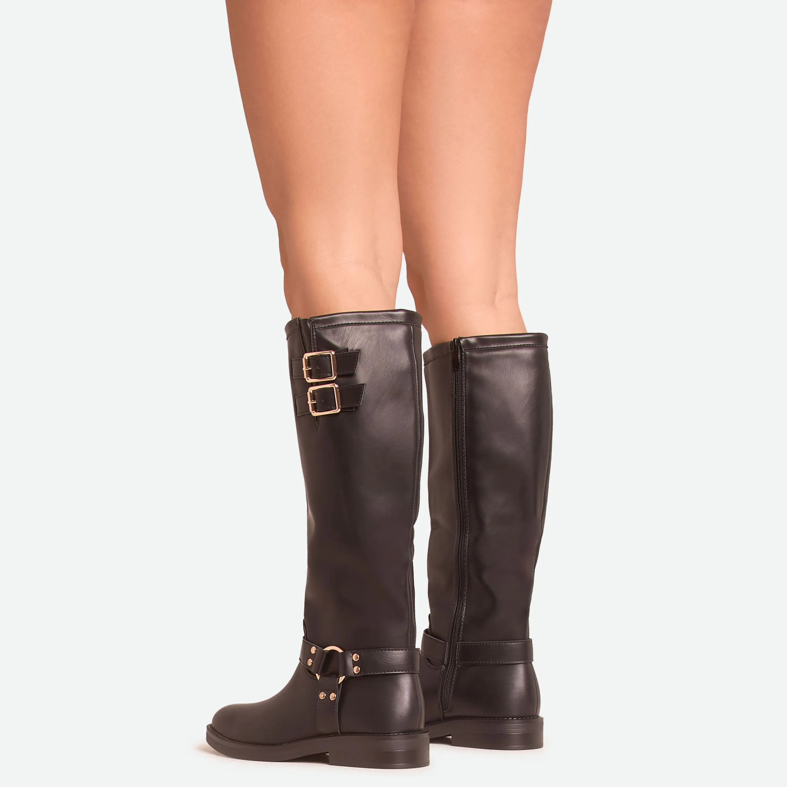 Destin Double Buckle Detail Knee High Long Biker Boot In Black Faux Leather