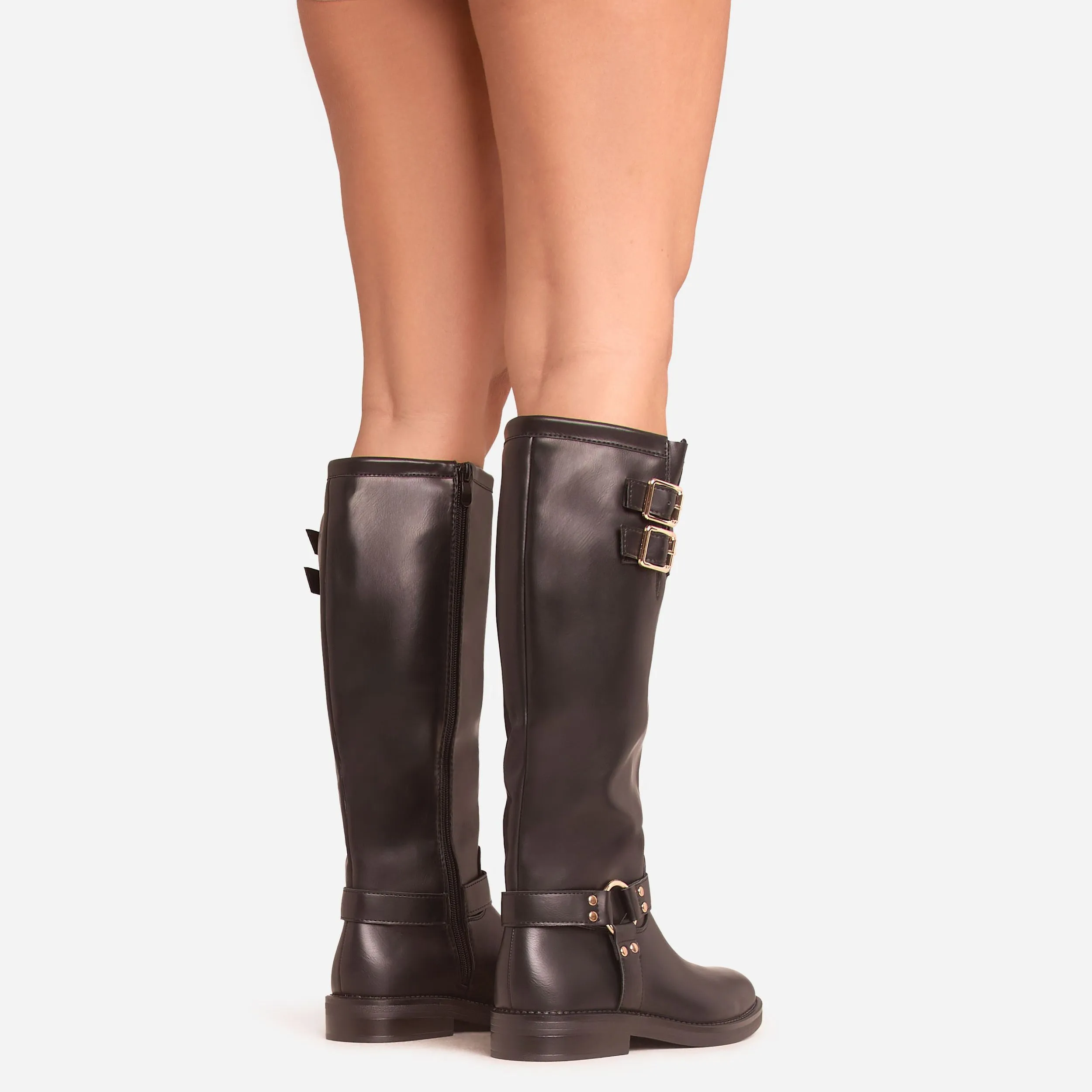 Destin Double Buckle Detail Knee High Long Biker Boot In Black Faux Leather