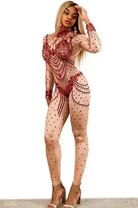 Ex Revenge Red Diamante Bodysuit (Rhinestones)