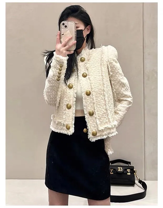 French ladylike temperament short coat for women 2023 spring new style light mature style double-breasted tweed small fragrant s