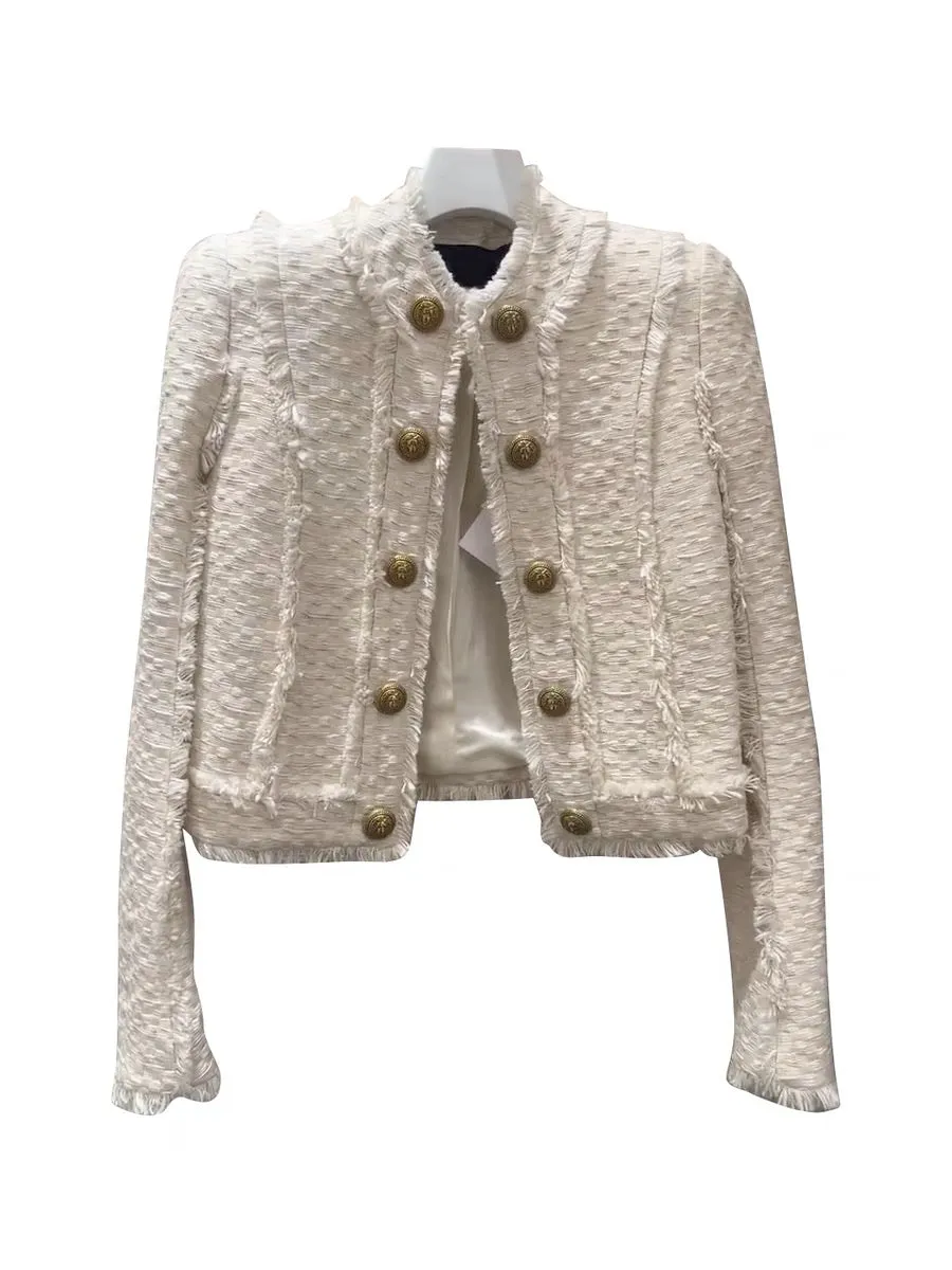 French ladylike temperament short coat for women 2023 spring new style light mature style double-breasted tweed small fragrant s