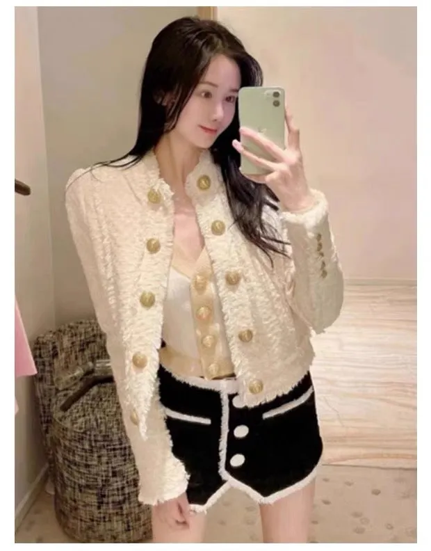 French ladylike temperament short coat for women 2023 spring new style light mature style double-breasted tweed small fragrant s